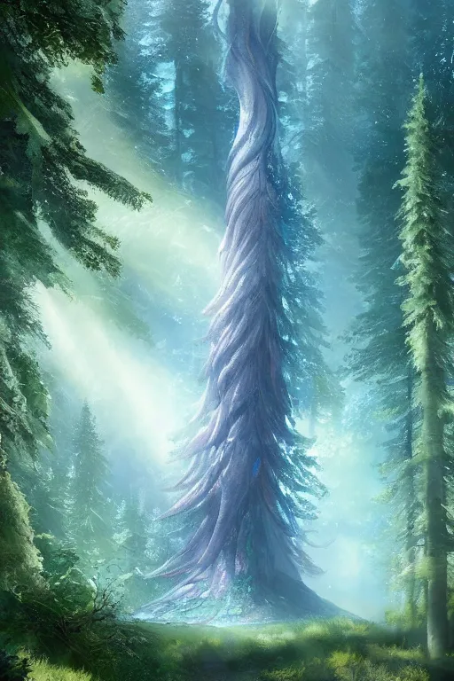 Image similar to a fairy huge sequoia, iridescent crystals on the ground, rays of light, atmospheric, matte-painting, trending on artstation