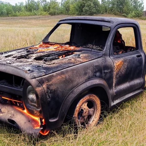 Image similar to burnt out pickup truck on fire in a field