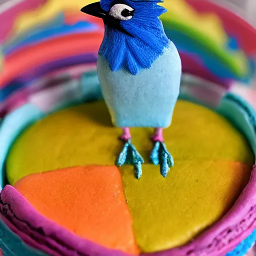 Image similar to A blue jay standing on a large basket of rainbow macarons.