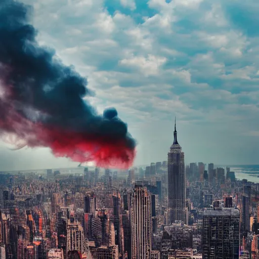 Prompt: dystopian, destroyed new york city, real, blue sky, smoke, red clouds, detailed, award winning, masterpiece, photograph, cinematic, hyperrealism