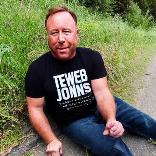 Prompt: alex jones begging for money on the side of the road, award winning press photo