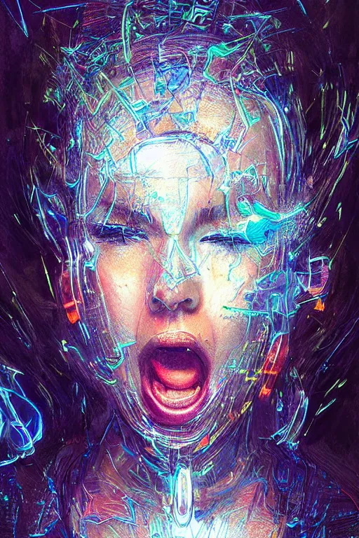 Image similar to portrait, headshot, digital painting, an beautiful techno - shaman lady in circuit electronic mask, screaming, translucent, shiny, pearlescent, synthwave, glitch, fracture,, realistic, hyperdetailed, chiaroscuro, concept art, art by john berkey