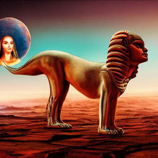 Image similar to hyperrealistic futuristic highly detailed chimera and sphinx woman on the mars sharp focus in the style of modern art deco and retro 8 k