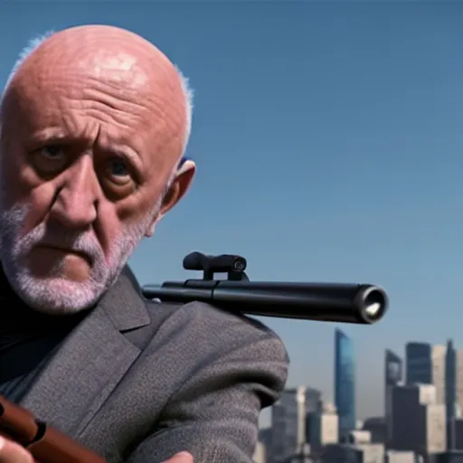 Prompt: Film still of Mike Ehrmantraut aiming with a sniper rifle on a rooftop, 4k, highly detailed