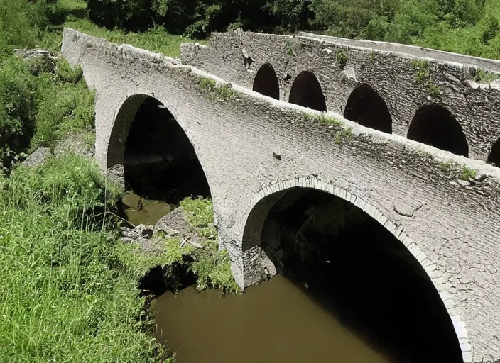 Prompt: an old arched bridge made of stone which spans a now dried - up river. several sections of the bridge have collapsed, making it impassable. the sections which are still intact provide cover from the beating sun or the acid rain, while straggly weeds sprout up from the rubble, inspired by deschambault martin and fadeev anton