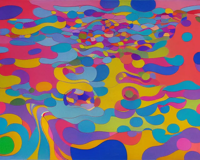 Prompt: Ocean waves in a psychedelic dream world. Wayne Thiebaud. Takashi Murakami. Paul Klee. Minimalist.