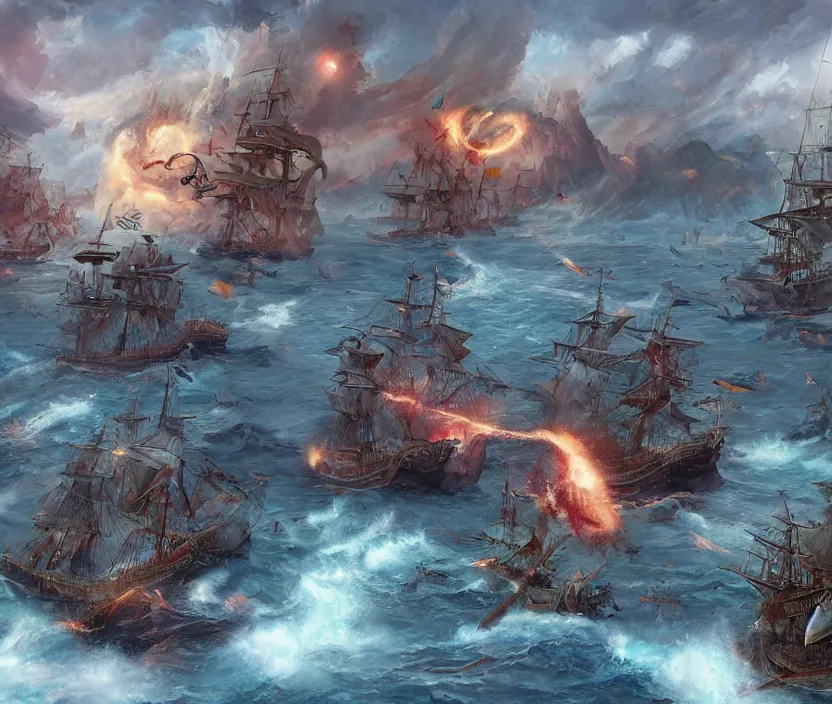 Image similar to naval epic battle, fantasy concept art, colorful digital painting, highly detailed