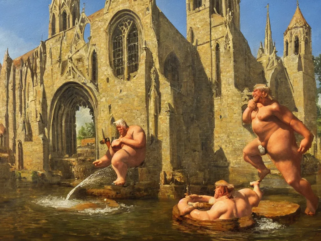 Image similar to an oil painting of obelix taking a bath in a beautiful cathedral