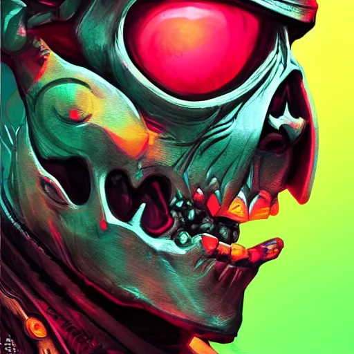 Prompt: a golden skull face monkey warrior with a ruby in his forehead, Apex Legends character digital illustration portrait design, by android jones, detailed, neon blacklight color scheme, cinematic lighting, wide angle action dynamic portrait