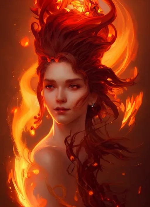 Image similar to a cute fire elemental, with fingers and hair turning into flames, fantasy, intricate, elegant, highly detailed, digital painting, artstation, concept art, wallpaper, smooth, sharp focus, illustration, art by artgerm and greg rutkowski and alphonse mucha