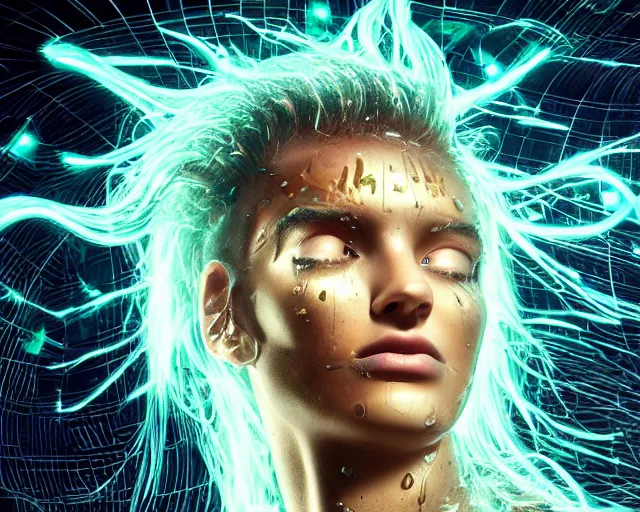 Image similar to glowing hair, complex cybernetic beings, beautiful hairy humanoids, cybermagnetosphere, cybernetic civilizations, ornate hair, love, joy, vortexes, large arrays, data holograms, 8 k, cinematic light shadows, wet hdr refractions, *, * * *, * * * * *