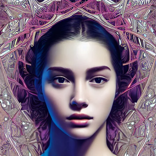 Image similar to the portrait of an unbelievably beautiful, elegant, sensual, and sophisticated young woman, an ultrafine detailed illustration by james jean, intricate linework, bright colors, final fantasy, behance contest winner, vanitas, angular, altermodern, unreal engine 5 highly rendered, global illumination, radiant light, detailed and intricate environment