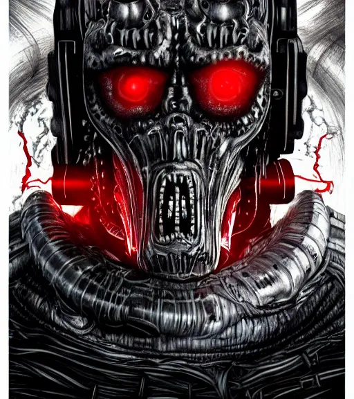 Image similar to profile picture of lovecraftian terminator with glowing red eyes, surrounded by beams of light dark background by wayne barlow, stanley donwood, anton semenov, zdzislaw bekinski, hr giger, 8 k, fantasy, dark, highly detailed