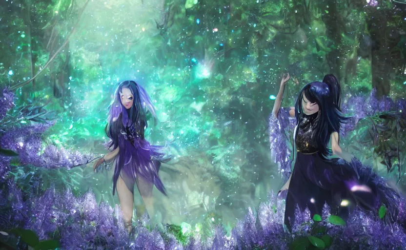 Prompt: beautiful Himalayan woman with purple cat-eyes, silver hair and black hair split, glowing crystals on the ground, somber, scene of a summer forest with glowing blue wisteria , 8k hdr pixiv dslr photo by Makoto Shinkai and Wojtek Fus