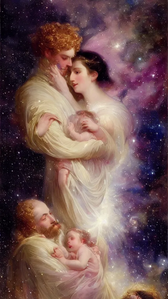 Prompt: great father made of stars in starry cloak, hugging his fragile beautiful wife, and little glowing baby in her arms, by franz xaver winterhalter and delphin enjolras and rebecca guay