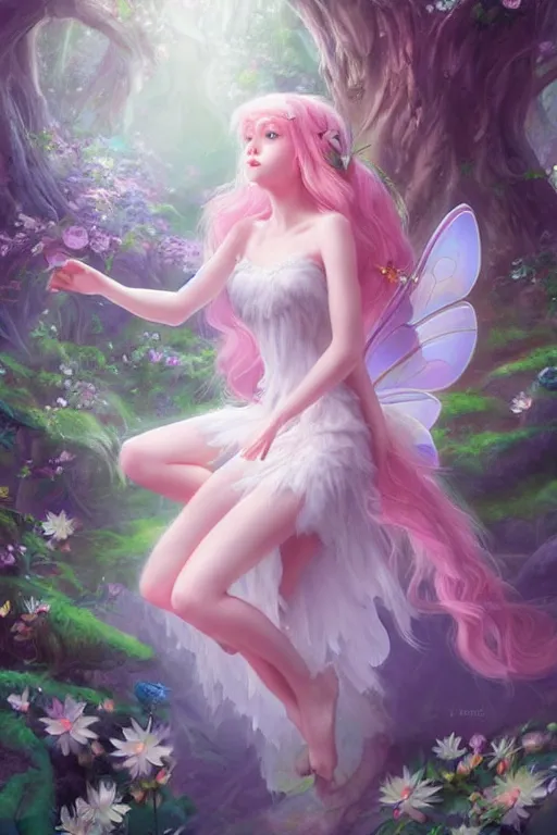 Image similar to a cute fairy in the dreamy forest, fantasy, 8 k resolution, hyper detailed, d & d, character design, digital painting, trending on artstation, sharp focus, illustration, art by artgerm, steve zheng, fuji choko, viktoria gavrilenko, hoang lap