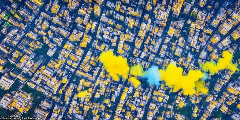 Image similar to kiev city streets covered in yellow and blue smoke, drone photography, by kim keever