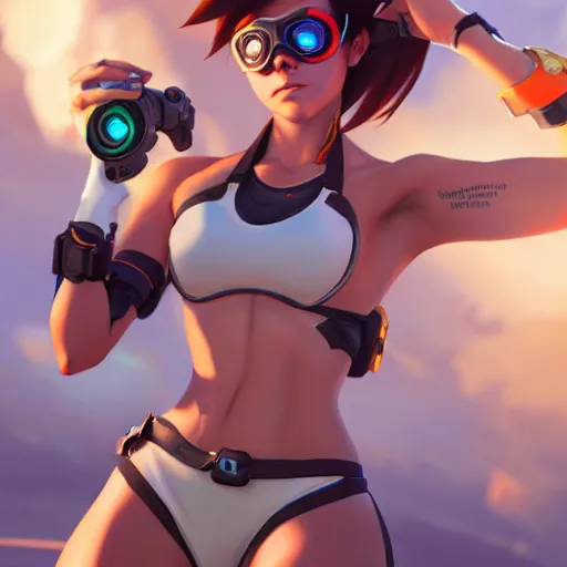 Image similar to overwatch tracer in a bikini, digital art, pretty face, very beautiful face, very detailed eyes, 8 k resolution, by wlop, greg rutkowski, full body