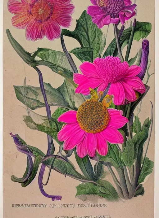 Image similar to fantasy scientific botanical illustration of colorful flower with a large, smiling mouth