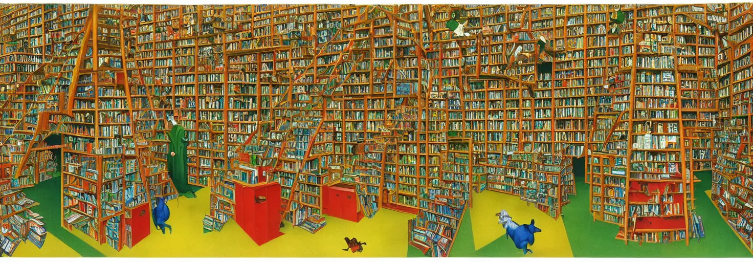 Image similar to a book store, customers are rabbit, by m. c. escher, yellow, green, red, snowy, ultra sharp, ultra detailed, happy, uplifting, colorized by salvador dali