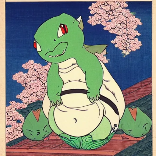 Prompt: Beautiful Ukiyo-e painting of a bulbasaur