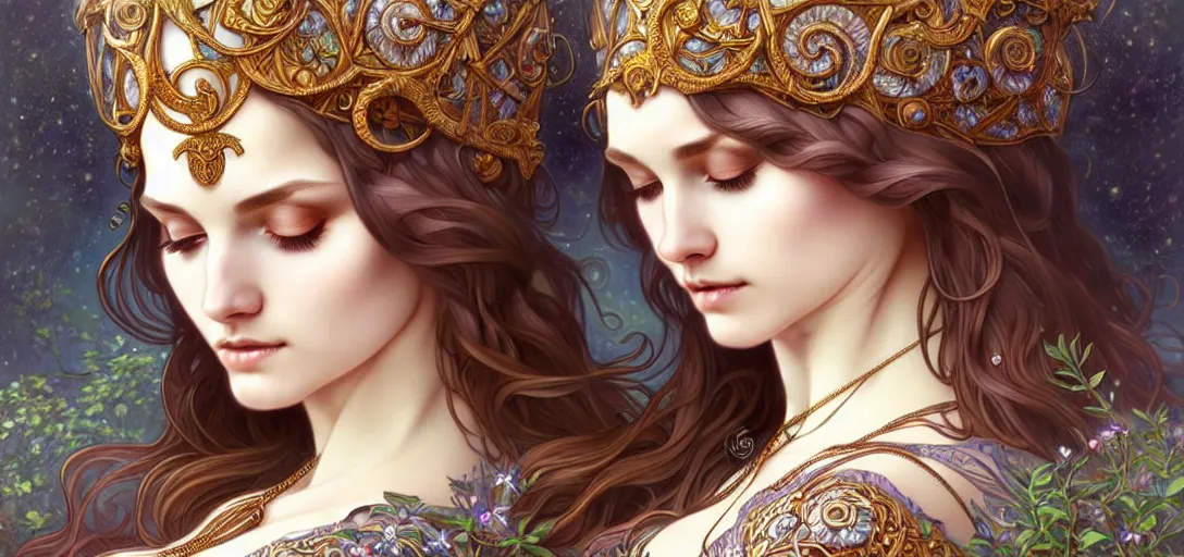 Image similar to beautiful nordic goddess, beautiful detailed eyes, cute, fantasy, intricate, elegant, highly detailed, digital painting, 4 k, hdr, concept art, detailed jewelry, smooth, sharp focus, illustration, art by artgerm, da vinci and alphonse mucha