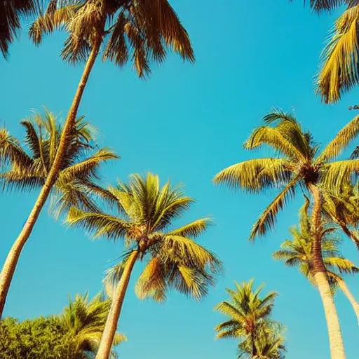 Image similar to surreal palm trees floating floating floating in blue sky, random positions floating, flying