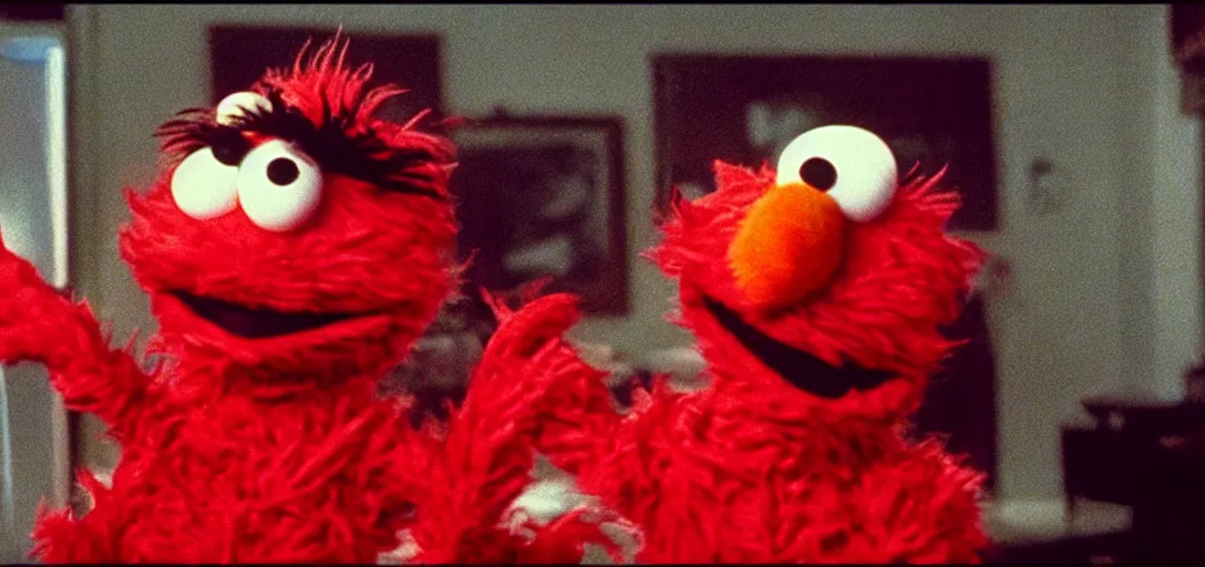 Image similar to still of drug - addicted elmo in requiem for a dream ( 2 0 0 0 ), cinematography by emmanuel lubezki, sesame street puppets, gritty, visceral