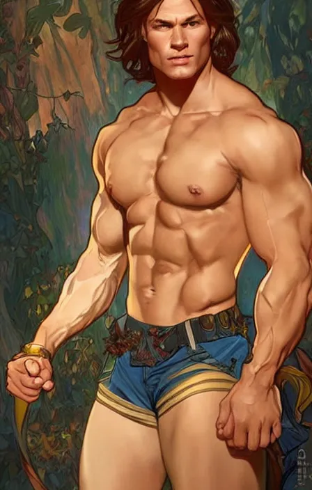 Image similar to pretty muscular sam winchester as a character in romance book art design, character concept, sharp focus!, ultra detailed, art by artgerm alphonse mucha, wlop