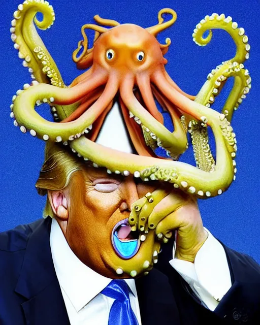 Image similar to Donald Trump with Octopus Tentacles for hands, the tentacles are wet, glistening, and very realistic