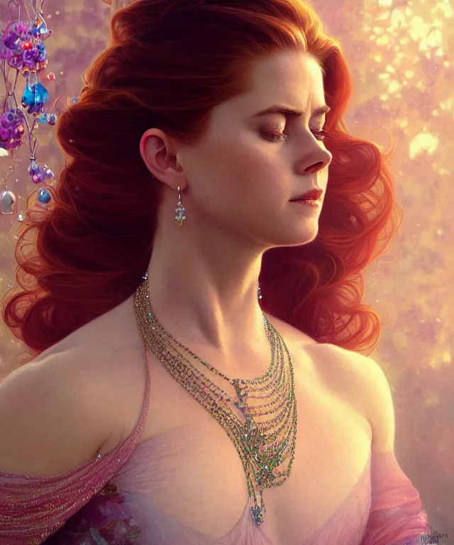 Image similar to a meditating Amy Adams with beads and crystals, portrait, intricate, elegant, highly detailed, digital painting, artstation, concept art, smooth, sharp focus, illustration, art by artgerm and greg rutkowski and alphonse mucha