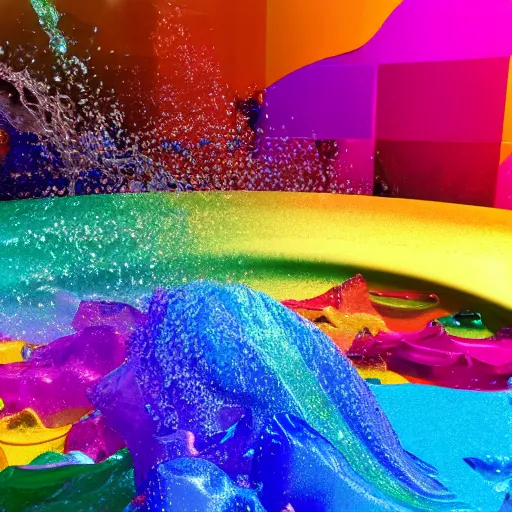 Prompt: a lot of multicolored rainbow iridiscent water splashes, water explosion, render, octane render, 3 d, unreal engine, raytracing, 8 k