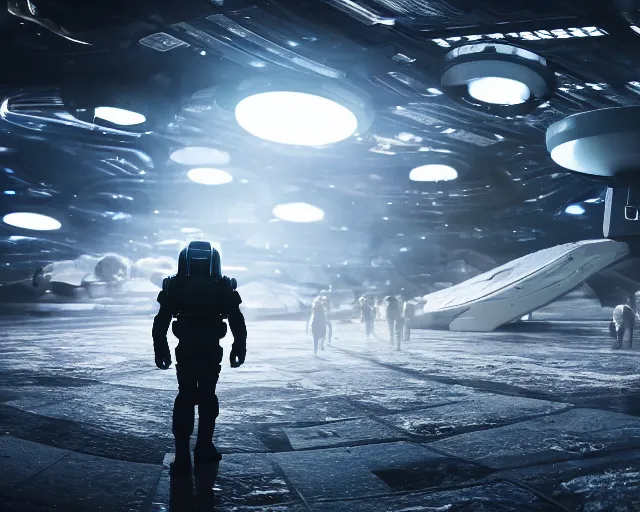 Prompt: 2 0 mm wide shot photrealistic busy futuristic spaceport filled with people, a handsome armored scifi pilot in sharp focus in silhouette stands in the swirling dust, cinematic lighting, soft focus foreground, volumetric soft lighting, designed by douglas trumbull, style of stanley kubrick cinematography, 8 k