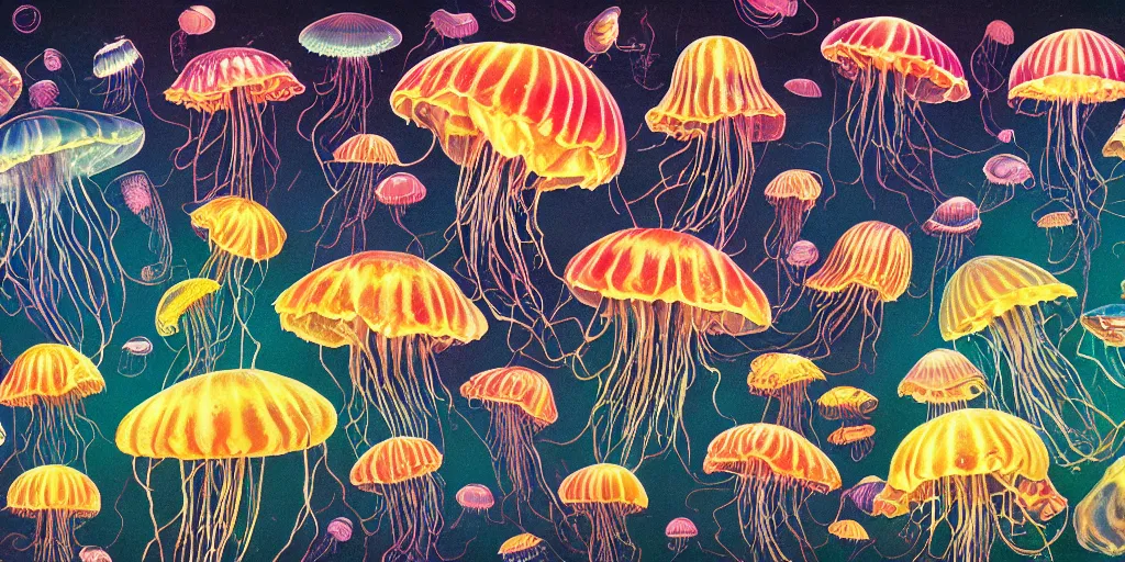 Prompt: full color page scan of various vintage jelly fish illustrations on black background, in matte painting, 2 d, kitbash, 4 k