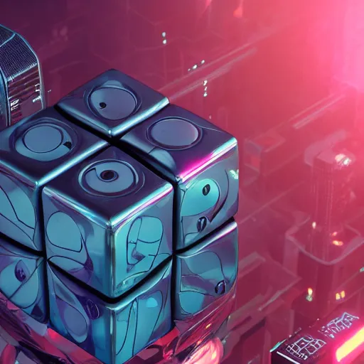 Image similar to cyberpunk futuristic rubicks cube,product,octane render,detailed,unreal render,3d,4k,isometric