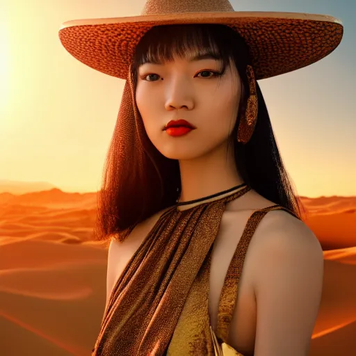 Image similar to innovative avant-garde art, deco fashion, asian women, highly detailed, photorealistic portrait, serene desert setting, golden hour, crisp quality and light reflections, unreal engine 5 quality render