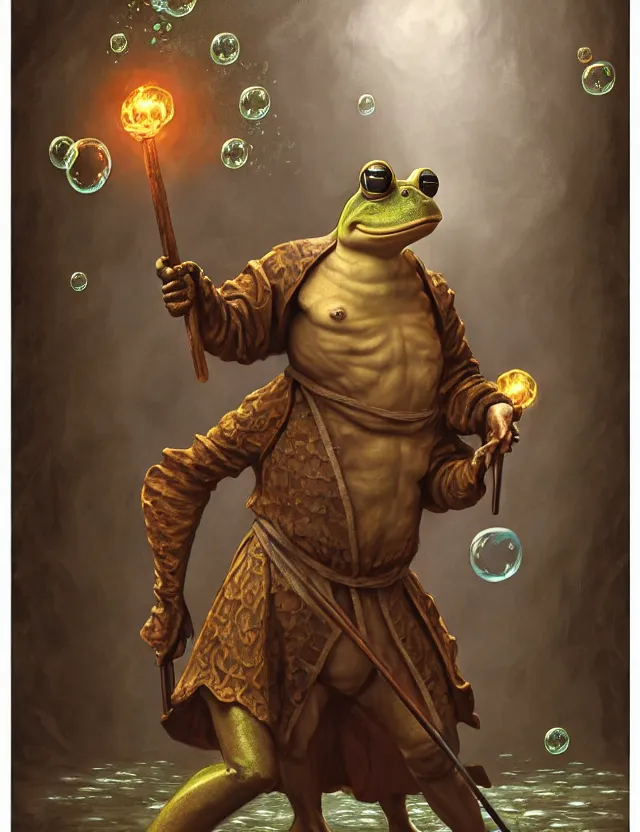 Image similar to anthropomorphic bipedal frog that is dressed as a renaissance monk fighter, and holding a thick staff, as a matte oil painting and d & d character art, by alex grey, standing, fullbody, floating bubbles, mystic, fog, fractals, spirals, concept art, award - winning, extremely detailed, sharp focus