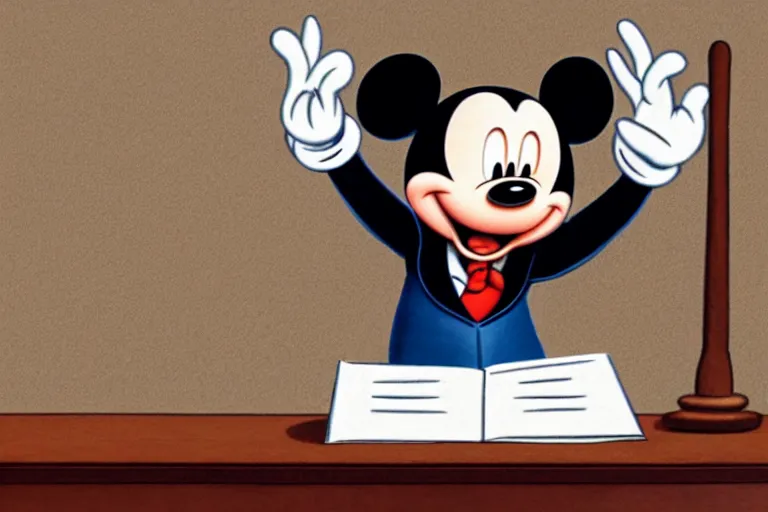 Image similar to detailed background courtroom sketch of vintage disney character mickey mouse presenting evidence of copyright infringement to the judge bench court room wooden serious dark tone