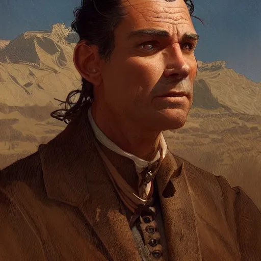 Image similar to clean shaven, tan, middle - aged christian priest with dark hair in wild west, intricate, highly detailed, digital painting, artstation, oppressive lighting, concept art, sharp focus, illustration, art by greg rutkowski and alphonse mucha