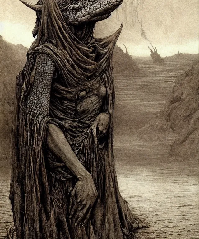 Image similar to A detailed horned crocodilewoman stands near the river. Wearing a ripped mantle, robe. Perfect faces, extremely high details, realistic, fantasy art, solo, masterpiece, art by Zdzisław Beksiński, Arthur Rackham, Dariusz Zawadzki