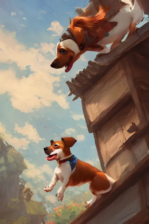 Image similar to adorable jack russel terrier jumping over a small house, wide angle fantasy art, artstation character design contest winner, trending on cgsociety, concept art, speedpaint, beautiful digital art, jesper ejsing, james jean, justin gerard, fenghua zhong, makoto shinkai, highly detailed