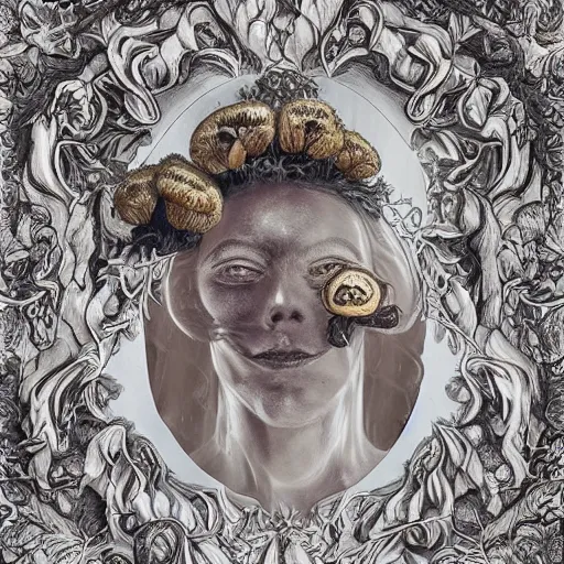 Image similar to a beautiful detailed rococo 8 0's photo of a rotten woman corpse with face muscles, veins, arteries, fractal plants and fractal flowers and mushrooms growing around, intricate, ornate, volumetric light, beautiful lit, beetlejuice