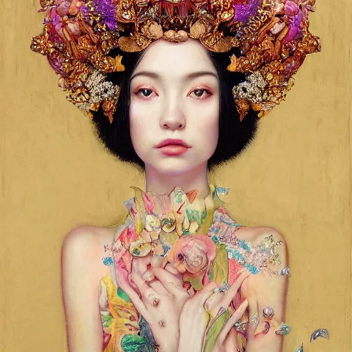 Image similar to queen empress girl, crown, sparkles, long dress covered skin, botanical, portrait face, colorful, kupka, intricate, miles johnston, kuroda seiki, cynical realism, ozabu, john william godward, painterly, moebius, miles johnston, louise zhang, james jean, mark ryden lowbrow pop surrealism art style