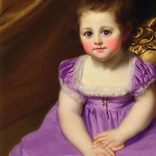 Image similar to portrait of a german toddler princess sitting down in a silk lavender gown, circa 1 8 3 7, by carl joseph begas, highly detailed, beautiful, oil on canvas, 1 8 3 0 s, romanticism