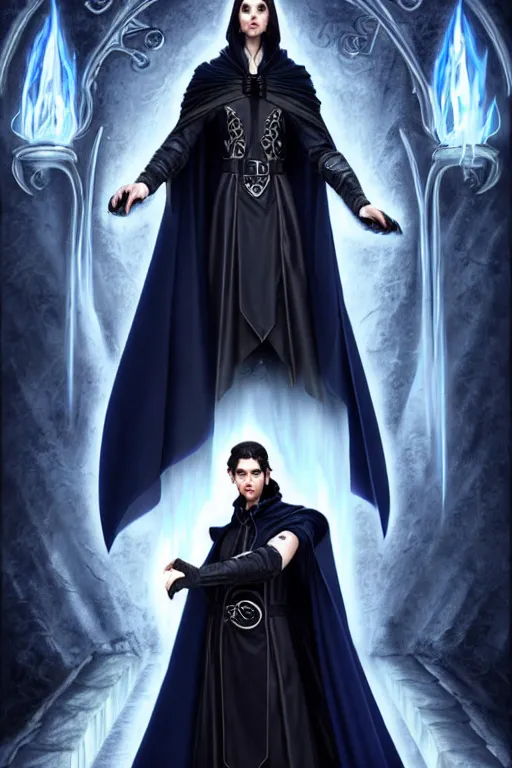 Image similar to handsome male mage opening a portal, long black hair blue eyes wearing cloth mantle gothic navy cloak with leather details, crystal town, fantasy character portrait, ultrarealistic, intricate details, elegant, cinematic lighting, highly detailed, artstation, cgsociety, sharp focus, beautiful digital painting by artgerm, gerald brom, wlop, alphonse mucha