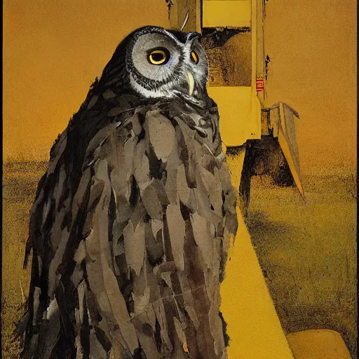 Image similar to shredded physique feathered tall neck beak Portrait of Henry James camouflaged as Owl whilst wearing a yellow tuxedo Standing atop a Garbage Truck Greg Rutkowski Vik Muniz clarence holbrook carter Andrew Wyeth Dan Witz