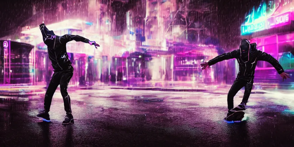 Image similar to slow motion film still of futuristic break dancer wearing dark suit with neon lights, long exposure shot , at night in the middle of a rainy street, paddle of water, water splashes, rim lights, glossy reflections, octane render, detailed and soft, by laurie greasley