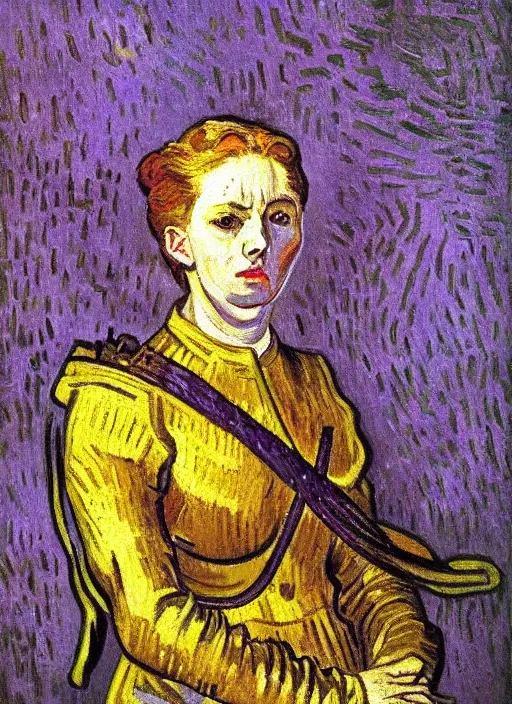 Image similar to detailed expressionist!! oil painting masterpiece portrait of joan d'arc!! by van gogh, 8 k resolution, smooth, sharp focus, matte painting, beautiful masterpiece expressionist painting, greys and golds and purples