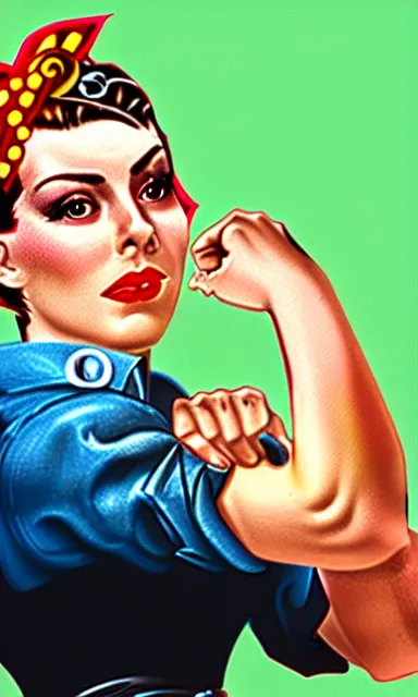 Prompt: photo of rachel bloom as rosie the riveter in real life, 8 k resolution