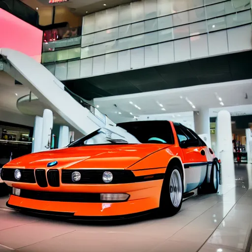 Image similar to bmw m 1 inside a mall, professional photography, vaporwave